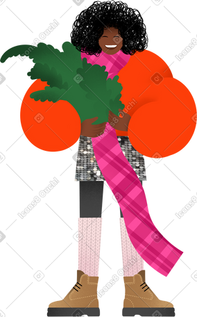 young woman holding a christmas tree PNG, SVG