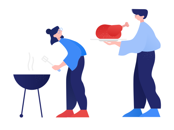 Man carries a chicken for a girl to grill it Illustration in PNG, SVG