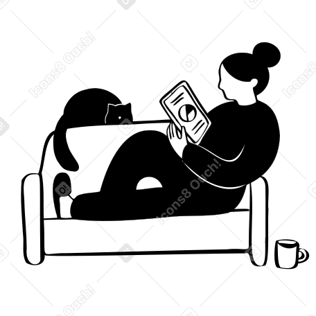 Женщина работает дома, лежа на диване с кошкой в PNG, SVG