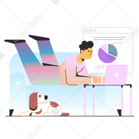 Man lies on the couch and works on a laptop Illustration in PNG, SVG