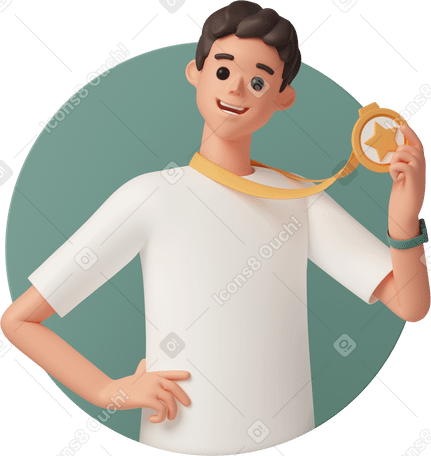 3D man holding medal в PNG, SVG