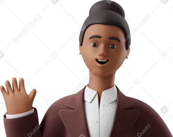 3D close up of black businesswoman in brown suit waving hello Illustration in PNG, SVG