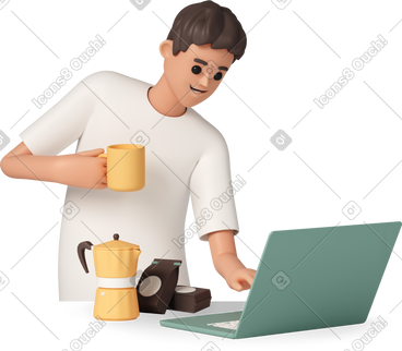 Smiling man with cup of coffee looking at laptop PNG, SVG