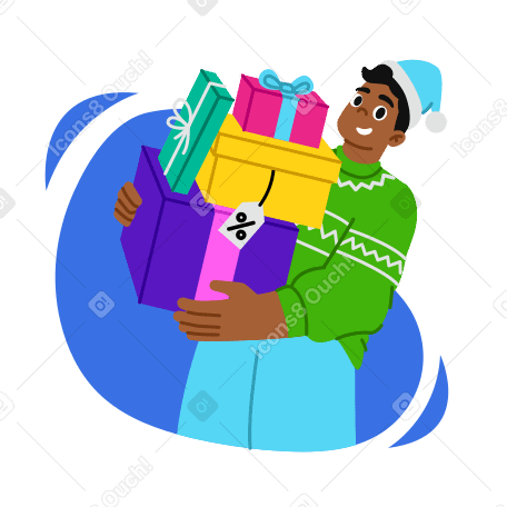 Молодой человек держит подарки с рождественской распродажи в PNG, SVG