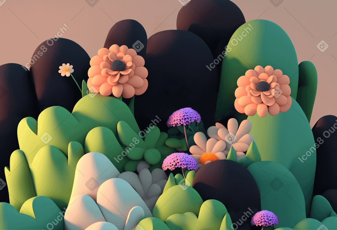 3D cartoon flowers composition Illustration in PNG, SVG