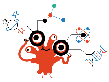 Character scientist with four eyes and science around PNG, SVG
