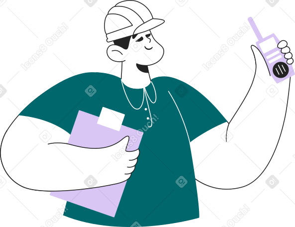 man in a construction helmet holds a folder and a walkie-talkie in his hands Illustration in PNG, SVG