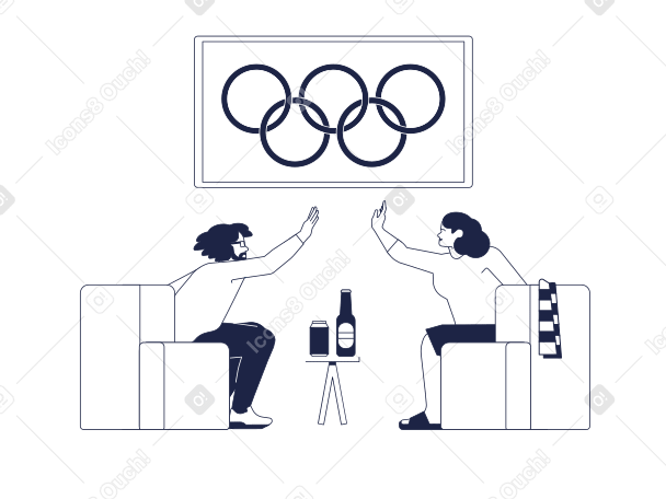 Mann und frau geben sich high-five, schauen sich die olympischen spiele im fernsehen an, bier und cola stehen auf dem tisch PNG, SVG