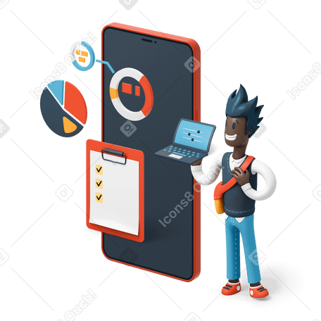 3D Man standing next to red phone with project statistics on screen PNG, SVG
