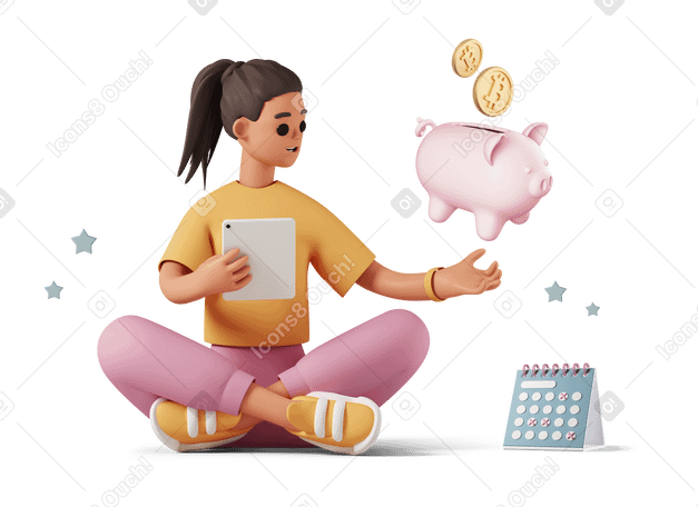 3D Girl planning budget with tablet and piggy bank PNG, SVG