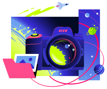 Camera with an image folder and a solar system PNG, SVG