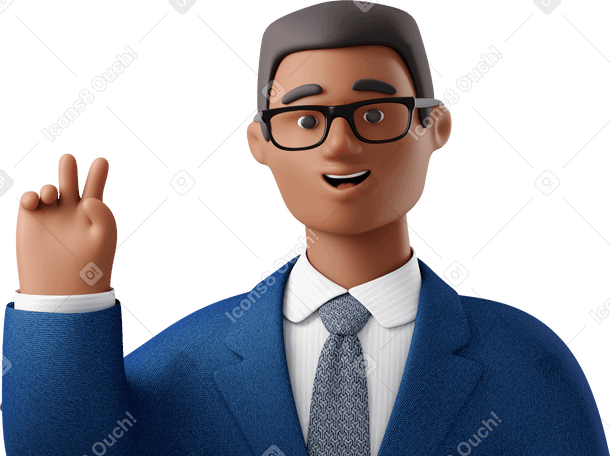 3D close up of black businessman in blue suit with peace sign hand Illustration in PNG, SVG