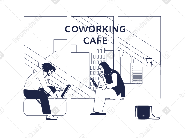 Une femme en hijab et un homme avec un ordinateur portable travaillent dans un café de coworking PNG, SVG