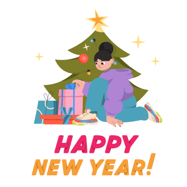 Feliz año nuevo texto y una niña abre regalos junto al árbol de navidad PNG, SVG
