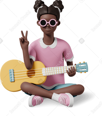 3D girl in sunglasses sitting with guitar and showing v sign PNG, SVG