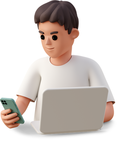 boy using laptop and talking on the phone Illustration in PNG, SVG