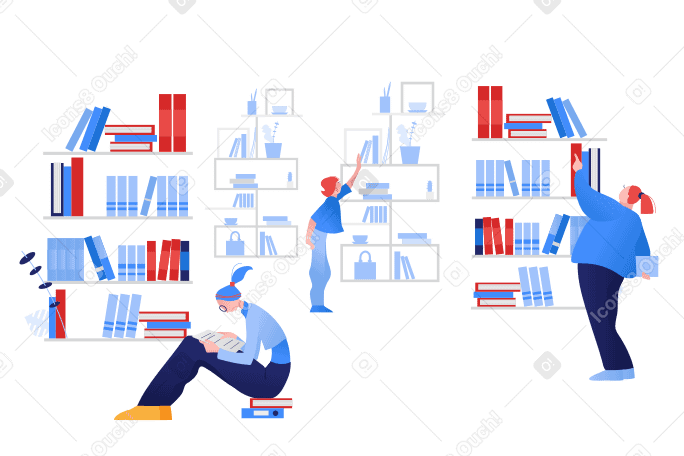 People reading and choosing books in library PNG, SVG