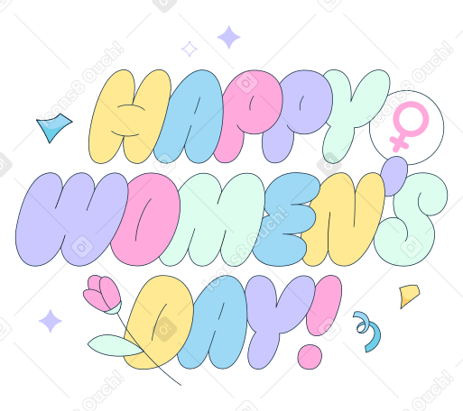 Letras de texto feliz día de la mujer con símbolo femenino, flores y confeti PNG, SVG