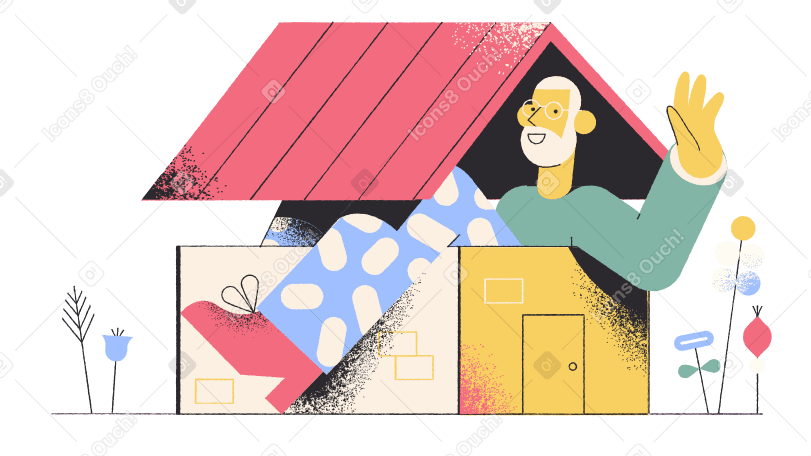 Мужчина машет рукой из дома с розовой крышей в PNG, SVG