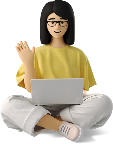 young woman sitting with a laptop and waving her hand PNG, SVG
