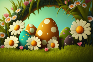Composizione 3d con fiori e uova di pasqua PNG, SVG