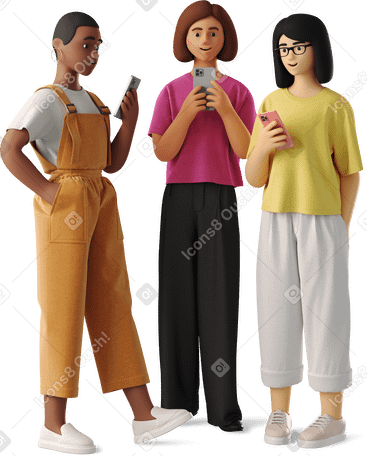 3D girls with phones Illustration in PNG, SVG
