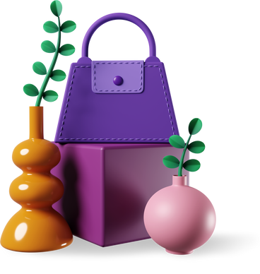 bag on cube with plants and vases PNG, SVG