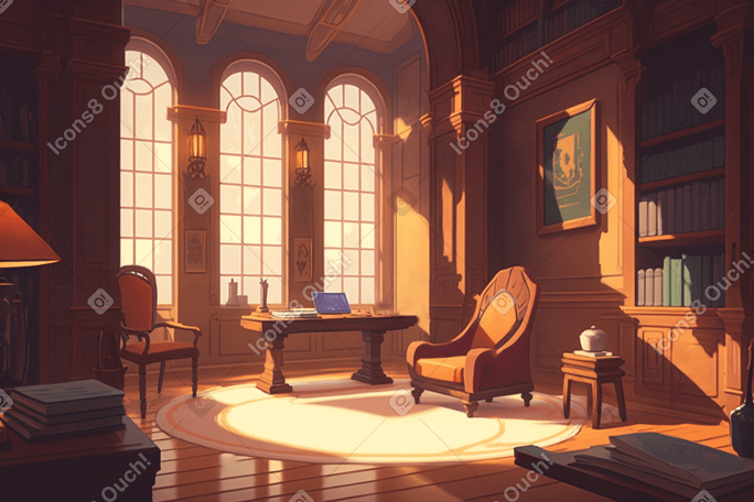 A workplace with the personal library background PNG, SVG