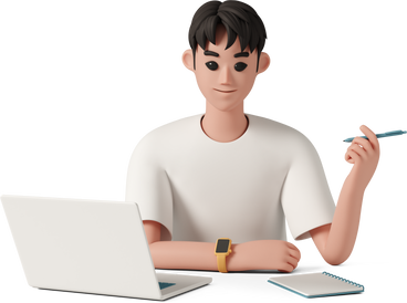 young man with laptop making notes on notepad PNG, SVG