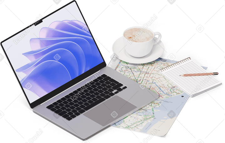 3D isometric view of map, laptop, notebook, pencil and cup PNG, SVG
