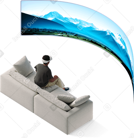 3D 戴着 vr 眼镜的男人坐在沙发上看电影 PNG, SVG
