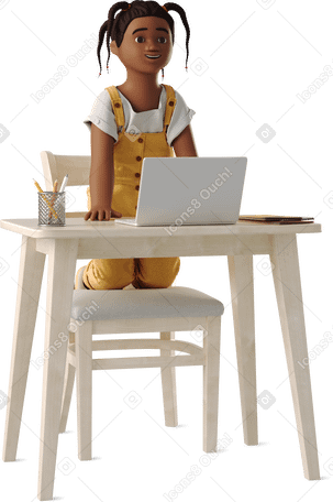 3D little girl at a table with laptop PNG, SVG