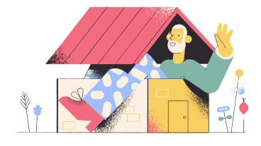 ピンクの屋根の家から手を振りながら出てくる男性 PNG、SVG
