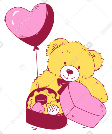Teddybär mit einer schachtel pralinen und einem luftballon PNG, SVG
