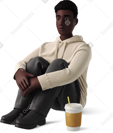 3D man sitting on the floor next to a coffee cup Illustration in PNG, SVG