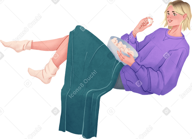 woman lying with blanket and holding bowl of popcorn Illustration in PNG, SVG