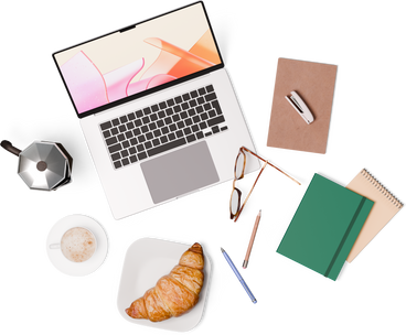 Вид сверху на ноутбук, блокноты, чашку кофе, круассан, степлер, ручку и карандаш в PNG, SVG