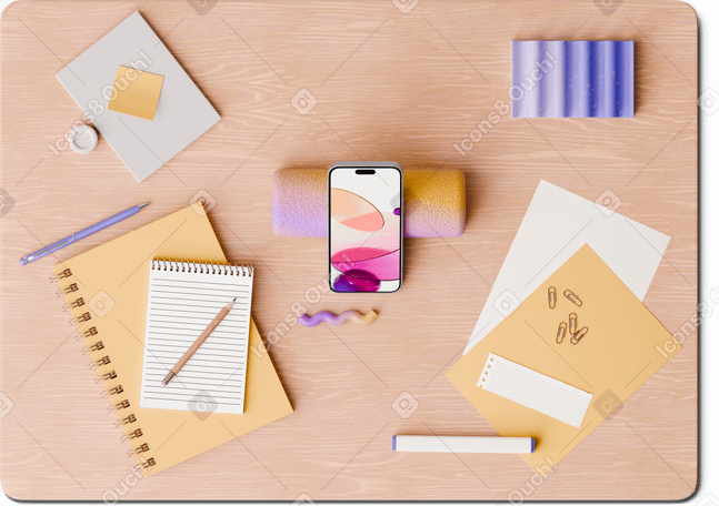 3D top view of desk with smartphone, booknotes and papers PNG, SVG