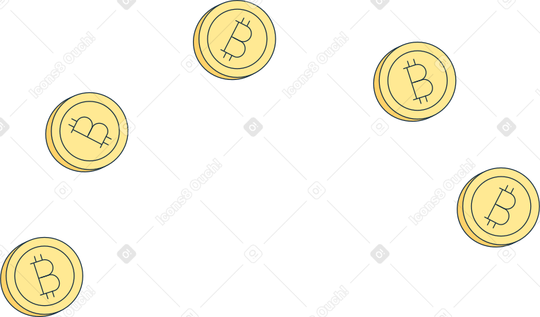 five bitcoin coins flying PNG, SVG