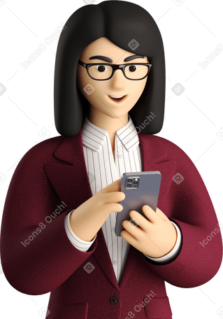 3D businesswoman in red suit looking at phone PNG, SVG