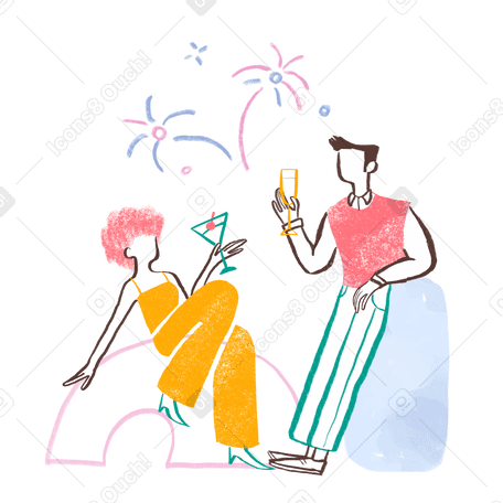 Woman and man celebrating with drinks and fireworks Illustration in PNG, SVG