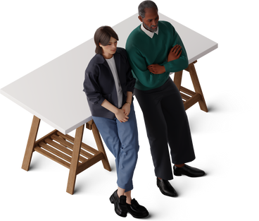 isometric view of man and young woman leaning on desk and smiling PNG, SVG