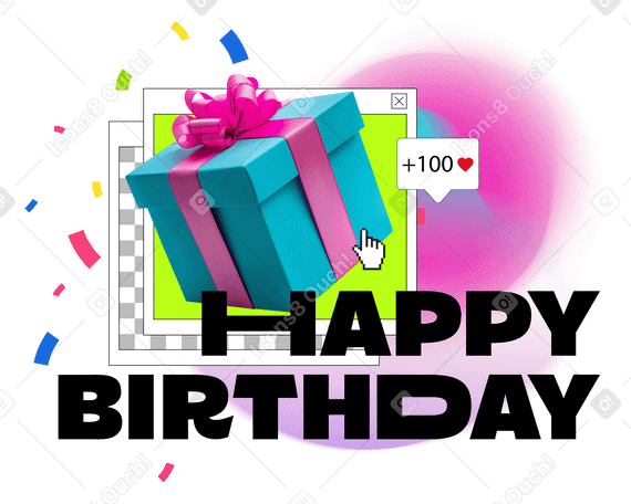 Texto de feliz cumpleaños con regalo y confeti. PNG, SVG