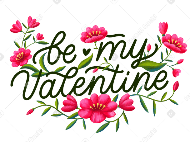 Be my valentine lettering intertwined with red flowers Illustration in PNG, SVG