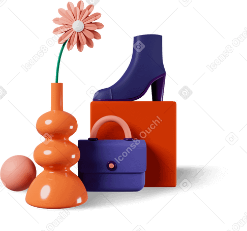 3D flower vase, handbag and shoe Illustration in PNG, SVG