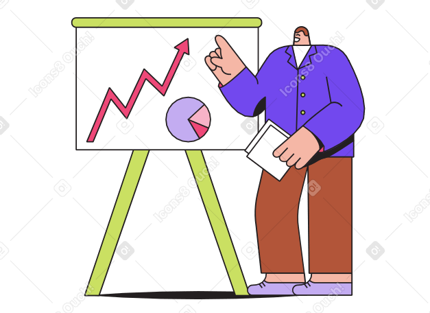 Ilustración animada de Hombre estar de pie, cerca, tablero, con, gráficos en GIF, Lottie (JSON), AE