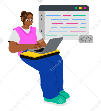 在笔记本电脑上编程的年轻女性动态插图，格式有GIF、Lottie (JSON)、AE