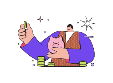 Man holding coin and piggy bank animated illustration in GIF, Lottie (JSON), AE