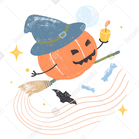 Cheerful pumpkin flying on broom on halloween PNG, SVG