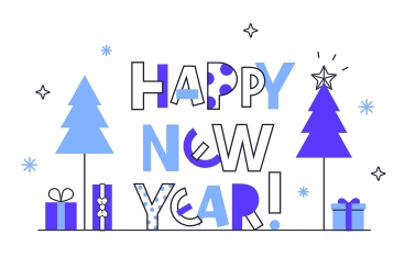 Happy New Year text and Christmas trees with gifts PNG, SVG